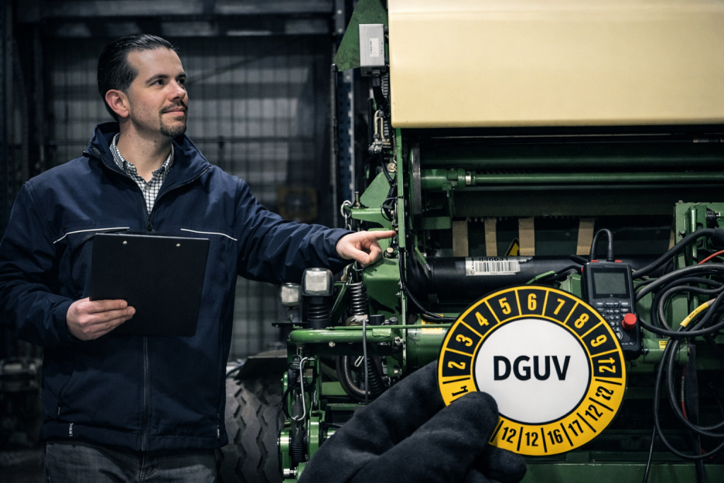 Markus Fehr bei der DGUV-Prüfung eines Traktors mit Prüfplakette