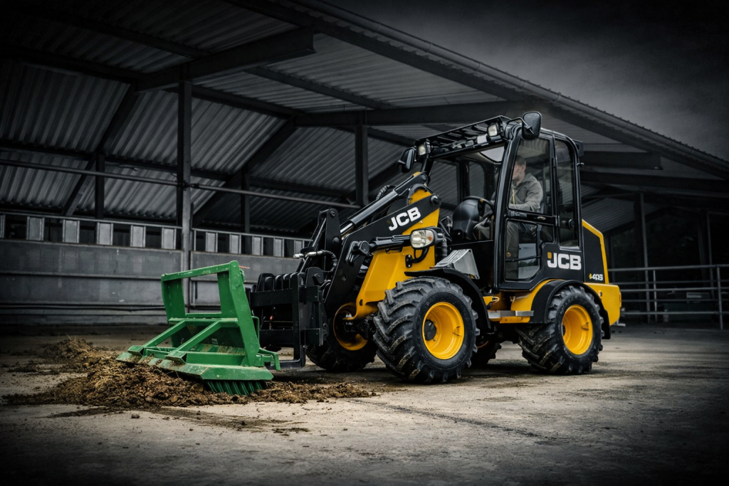 Schwarz-gelber JCB Traktor in einer großen Halle.