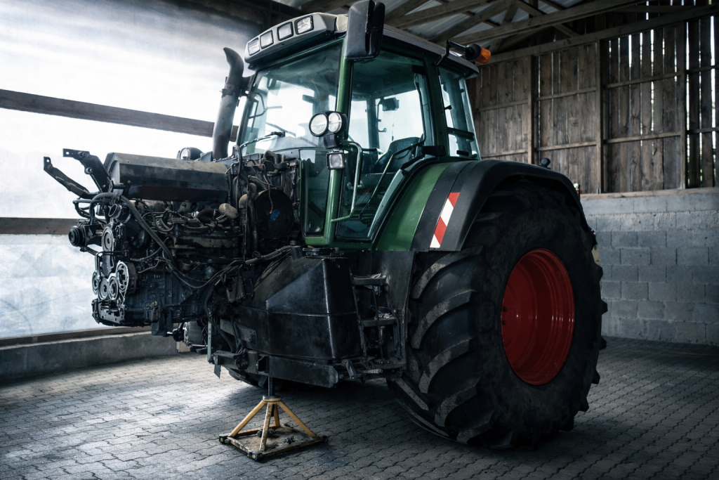 Grüner Traktor in einer Maschinenhalle mit Motorschaden